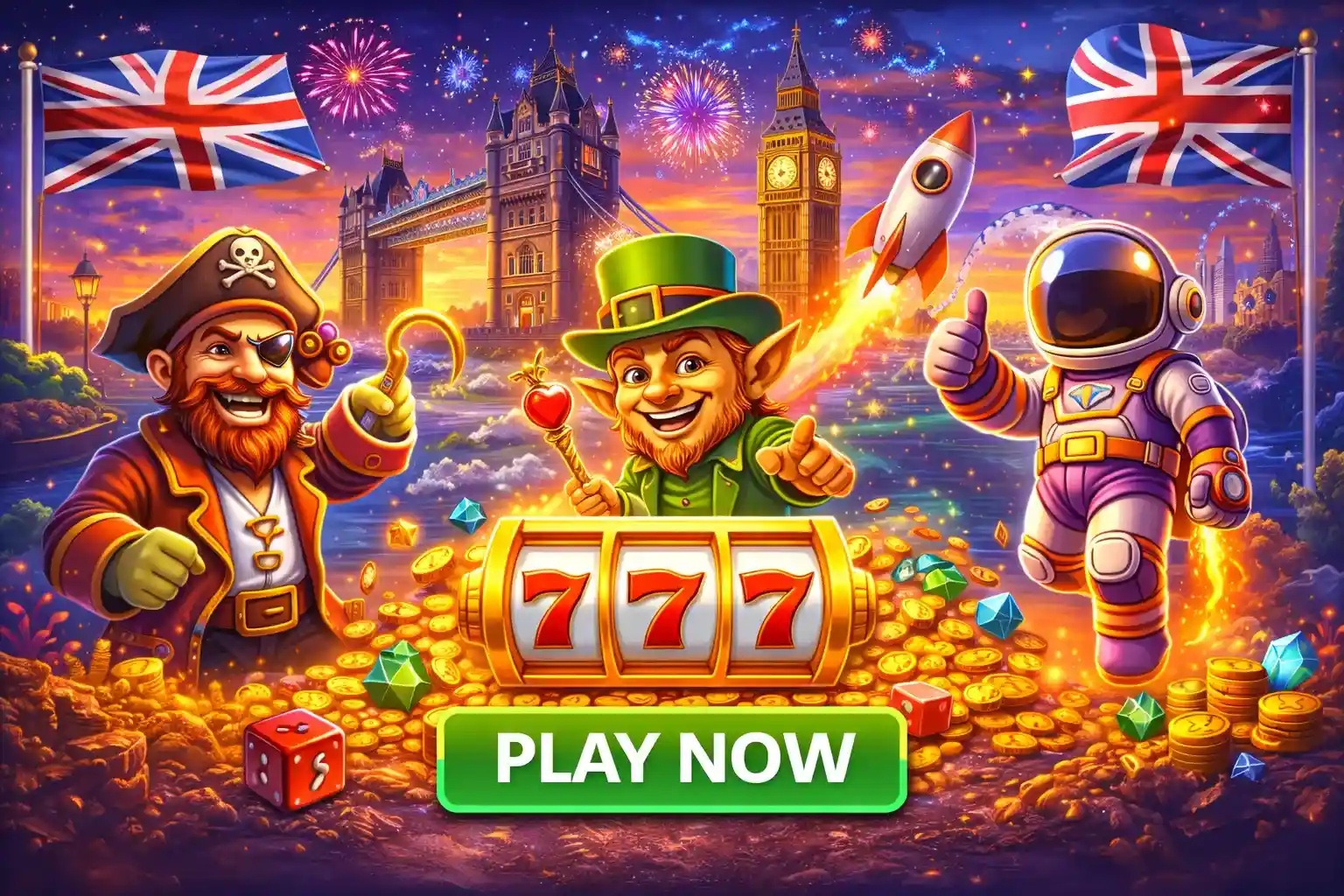 Astronaut and pirate characters in London with Union Jack flags and Big Ben