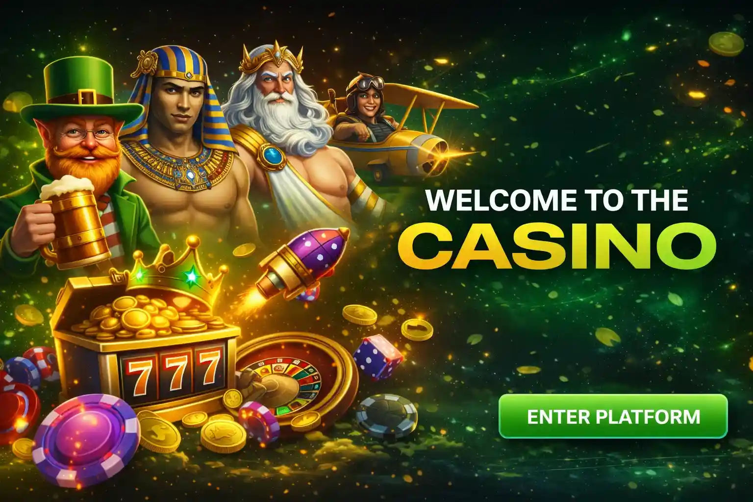 Leprechaun and Greek god in front of London Tower Bridge with a slot machine